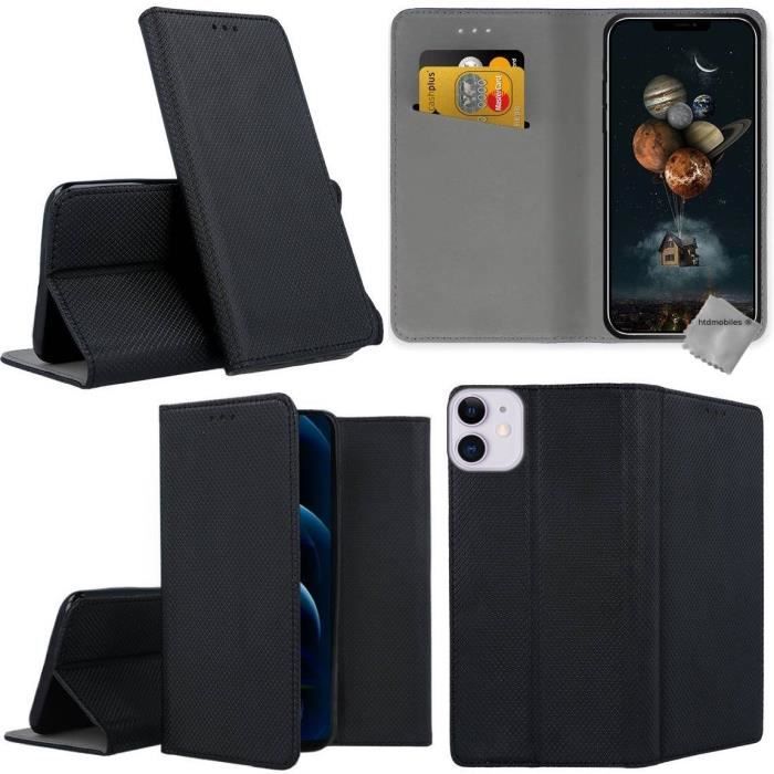 Housse etui portefeuille avec coque intérieure en silicone pour Apple iPhone 12 Mini + film ecran - NOIR MAGNET