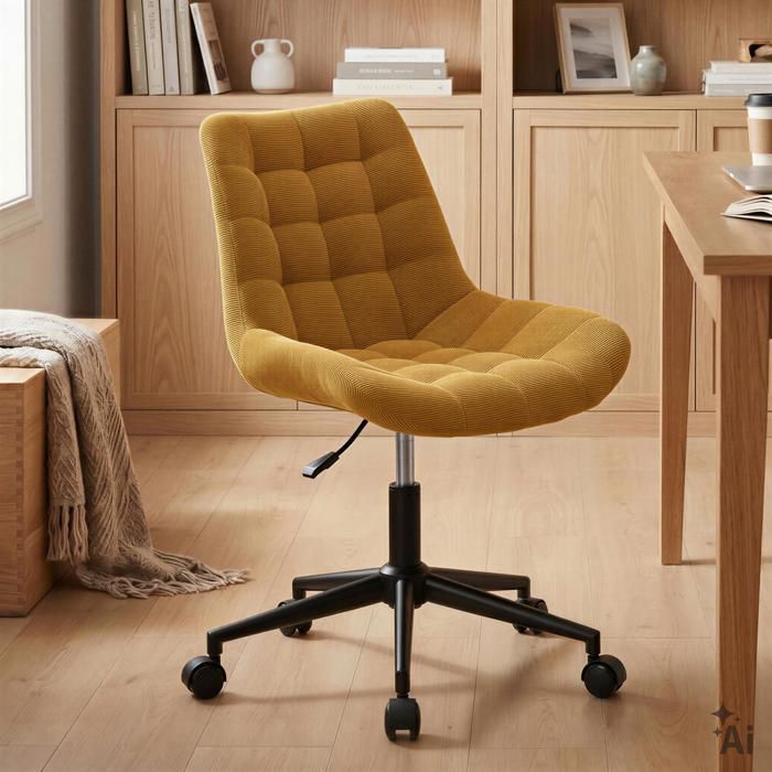 Chaise de bureau VASILO Fauteuil en Velours Côtelé Jaune Moutarde avec Piétement en Métal Laqué Noir Assise Réglabe en Hauteur