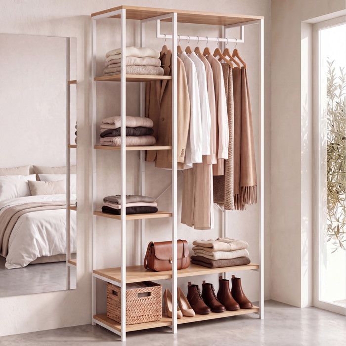 IDMARKET Dressing penderie étagères L. 90 cm DETROIT design industriel bois et métal blanc