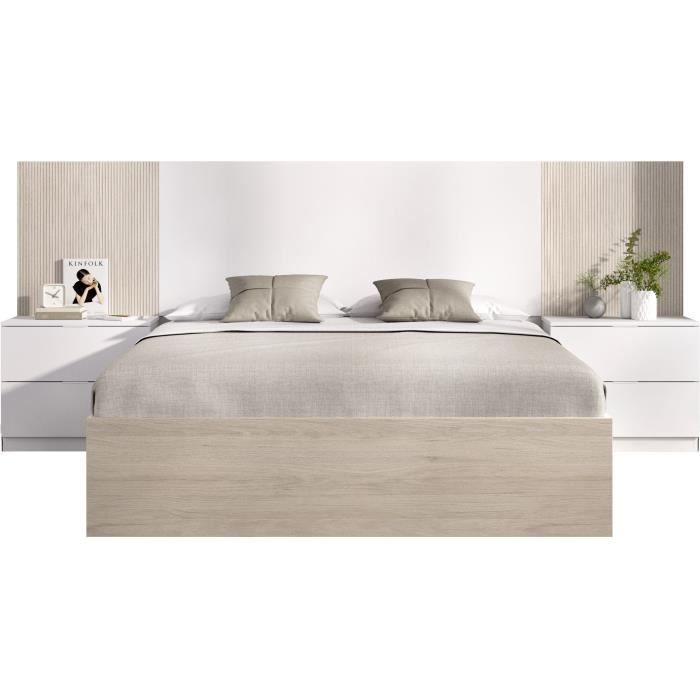 Lit adulte avec chevets intégrés LOMA - 160 x 200 cm - Chêne naturel / Blanc