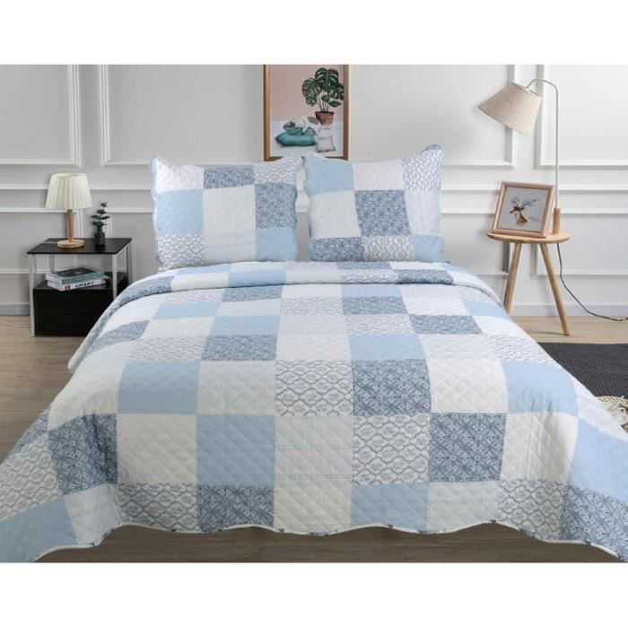 Marque Place Fleur Retro Bleu - Couvre-lit Boutis Imprimu00e9 - Lit 2 Places - 3 Piu00e8ces (230x250cm) - Maison Edredon Bout De Lit