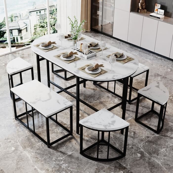 Ensemble table à manger avec 6 chaises, ensemble de salle à manger avec siège en MDF blanc et cadre en fer noir, désign élégant