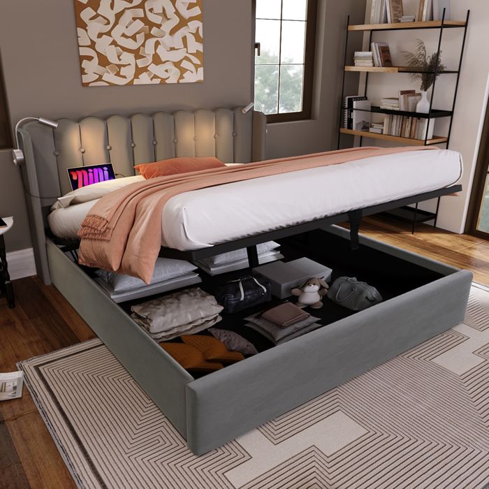 ModernLuxe Lit coffre 140x200 cm lit adulte avec lampes de lecture et ports USB sommier à lattes tissu en velours gris ModernLuxe Lit coffre 140x200 cm lit adulte avec lampes de lecture et ports USB sommier à lattes tissu en velours gris