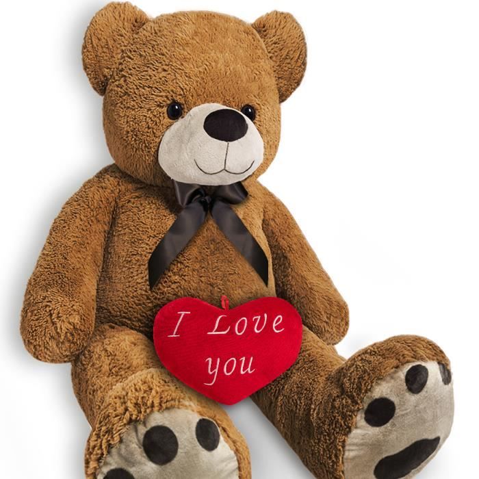 Monzana Ours en peluche avec coussin coeur XXXL 175cm Brun clair doux dense  noeud Nounours Je t'aime cadeau Saint-Valentin Ours