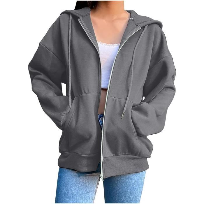 Sweat Capuche Femme Sweatshirt avec Poches Hoodies Zipp Sport Casual  Printemps Automne Sweat Capuche Style Sport Femme gris