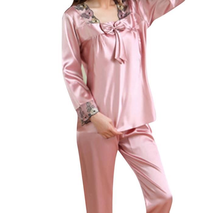 Pyjama femme long,Ensemble pyjama en Satin et fausse soie pour