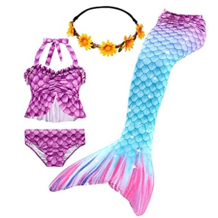 4 pcs Filles queue de sirène maillots de bain Queue Jupe Slip de Bain Déguisement Bikini pour enfant Violet fleurs Aléatoire