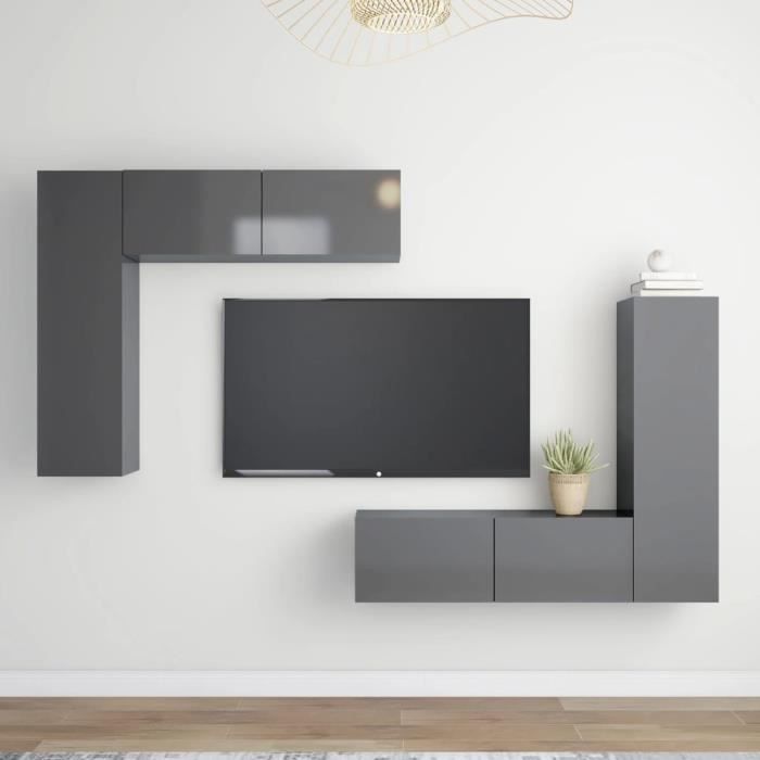 UNIQUE*NEW Armoire TV murale Ensemble de meubles TV suspendu 4 pcs Pour salon Gris brillant
