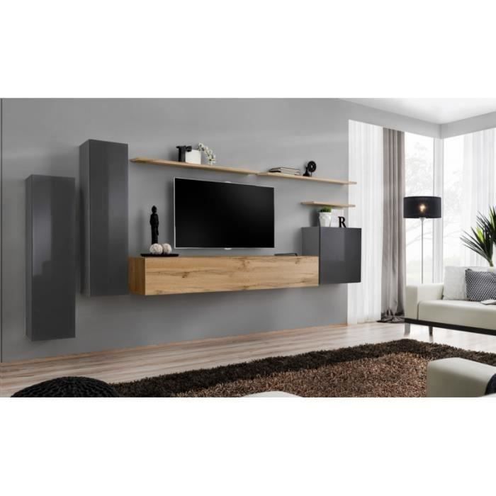 meuble tv mural - price factory - switch i - chêne wotan et gris brillant - 1 porte - design contemporain