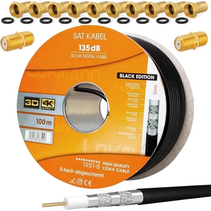 HB-Digital Set: 100 M Di Cavo Coassiale SAT 135db Nero 10x F-Plug Placcati Oro | CCS (acciaio-rame) Cavo Antenna Satellitare Schermato 5 Volte Per Sistemi DVB-S/S2 DVB-C/C2 DVB-T/T2 DAB Radio BK - Foto 5