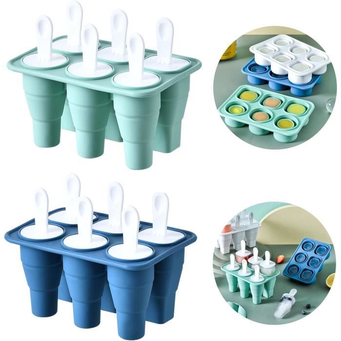 Moule à Glace Silicone 6 Cavités Avec Bâtonnets - 2 Formes (carré Et Cylindrique), Entonnoir Et Brosse Inclus - Réutilisable, Supporte -40°C - 2