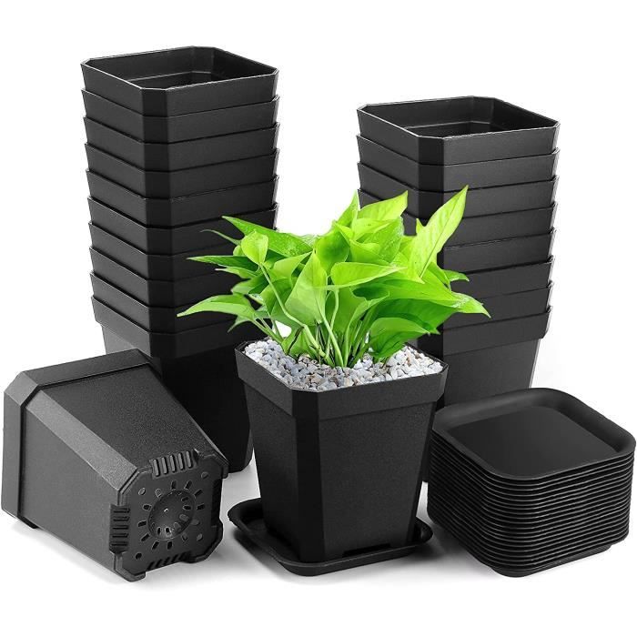Plante Pots 7 x 7 x 8 cm, 20 Pcs Semis en Plastique Pots de Fleurs avec  Soucoupe, Pots de Plantes carrés épais en Plastique (20,240