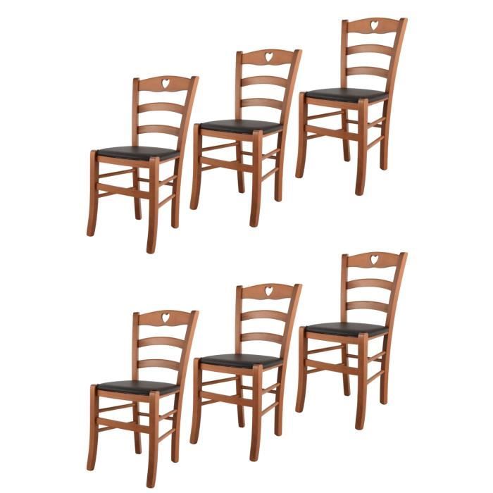 Tommychairs - Set 6 Chaises cuisine CUORE structure en bois de hêtre peindré cerisier assise en cuir artificiel moka