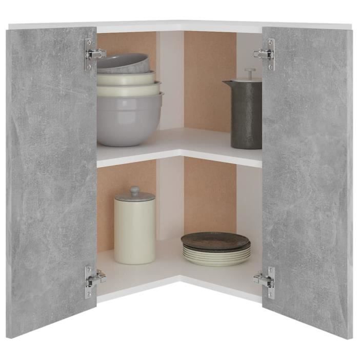armoire d'angle suspendue - vingvo - gris béton - 57 cm x 57 cm x 60 cm - 2 portes - meuble de cuisine
