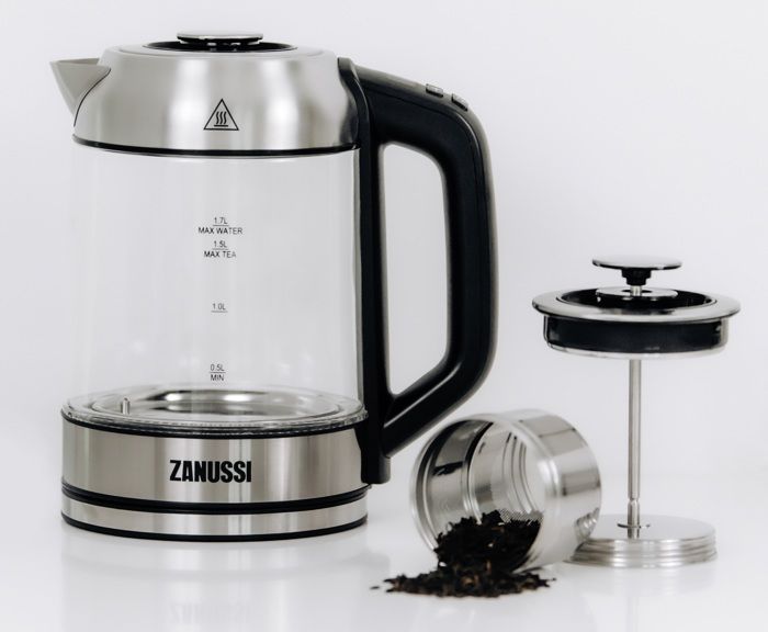 Bouilloire électrique en verre et Théière 1,7 L 2200W avec infuseur à thé amovible - Zanussi KEZ81 - Noir/Argent