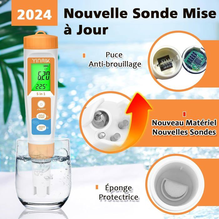 Testeur PH Et Sel Piscine YINMIK 5 En 1 - Mesure PH, EC, TDS, Salinité, Température - Pour Aquarium, Spa, Eau Potable