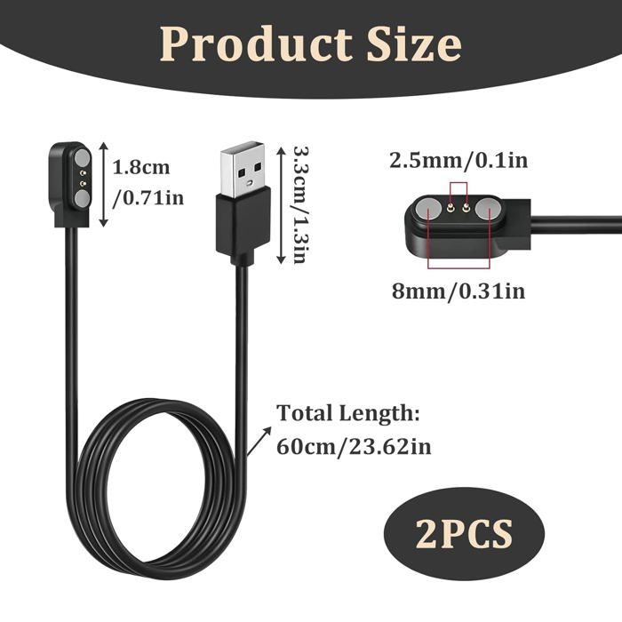 EuAcesry Chargeur Montre Connectée, Câble USB 2 Broches de Charge Magnétique pour Smartwatch