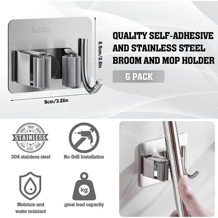 Recalma Accroche Balai Mural, 5 Support Balais Mural et 4 Crochets, Porte Outils Mural pour Organisation du Garage, Maison, Cuisine, Salle de Bain, avec Percage ou Adhésif san Percage