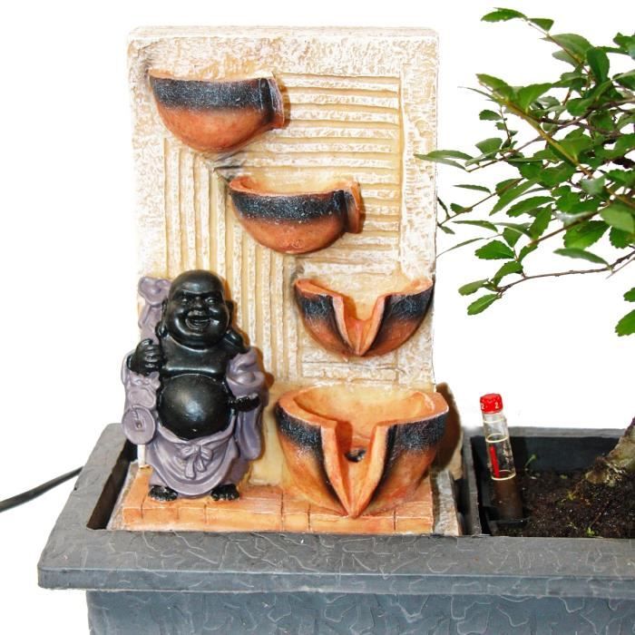 Bonsaï d'intérieur avec bouddha et fontaine