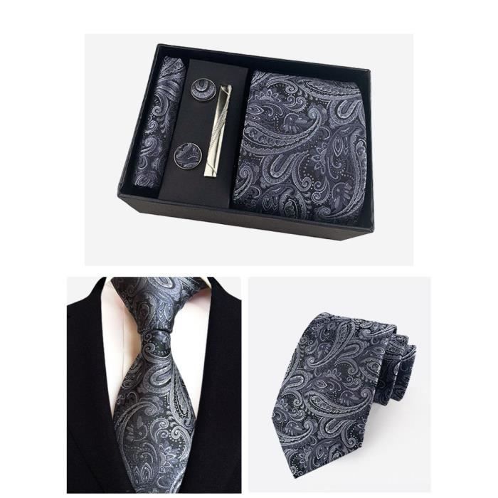 Coffret Cravate Homme Gris Cuivre + Mouchoir + Boutons De Manchette - Neuf Sous Emballage
