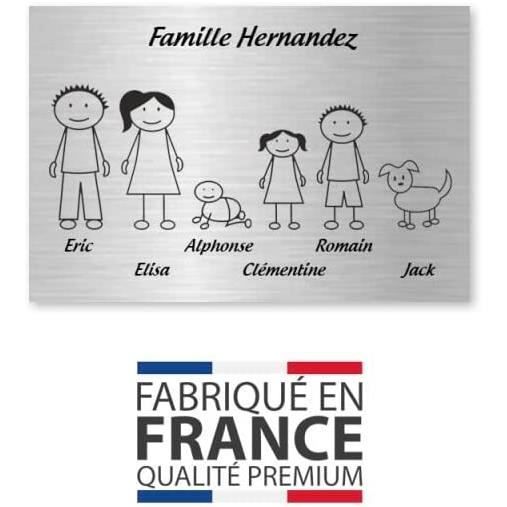 Plaque maison Family personnalisée avec 3 personnages pour boite aux lettres  (format 12x8 cm) - Couleur jaune / rouge