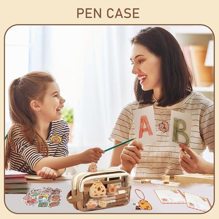 Trousse Capybara Kawaii – Set Papeterie Avec Stylos, Porte-clés, Autocollants – Fournitures Scolaires Mignonnes