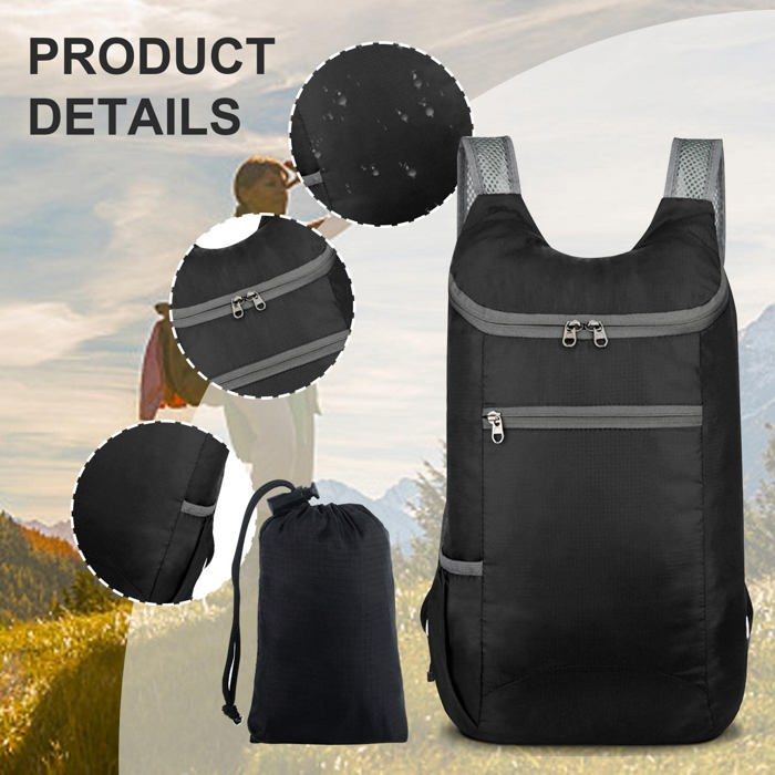 Sac à Dos Pliable Ultraléger 85 G – Imperméable Grande Capacité – Pour Randonnée, Voyage, Camping, Shopping – Homme, Femme, Enfant – Noir