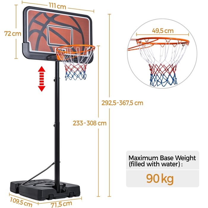Panier de basket extérieur, hauteur réglable 236-293 cm, stable