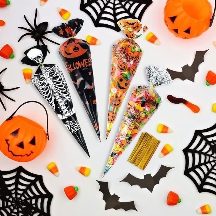100 PCS Halloween Sachet Bonbon, Cône Sacs de Friandises, Sacs de Bonbons  d'halloween, Halloween Trick Or Treat Pochette, Sacs à