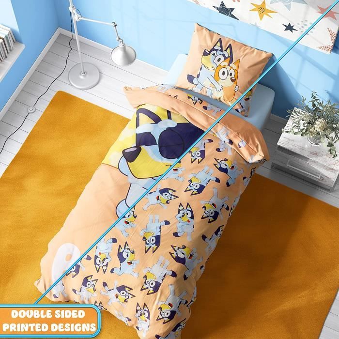 Parure De Lit 1 Place Bluey Officielle 100% Coton | Drap Plat + Housse + 1 Taie | Pour Enfants Et Fans | Design Coloré