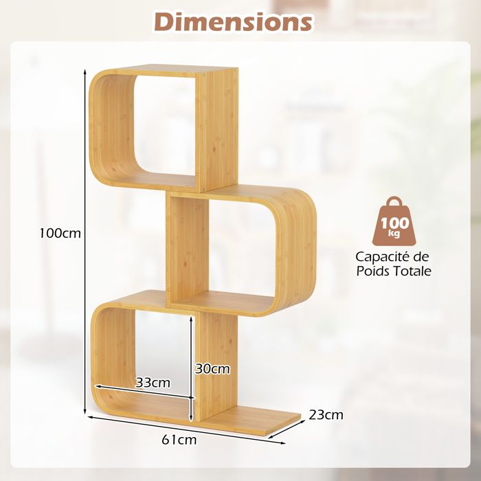 Étagère Géométrique 3 Niveaux En Bois - Design S Avec 2 Cubes - Dimensions 80x70 Cm - Pour Salon, Bureau