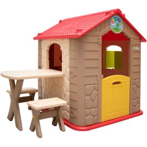 MAISONNETTE EXTÉRIEURE Maison de jeu en plastique inclus 1 Table et 2 Ban