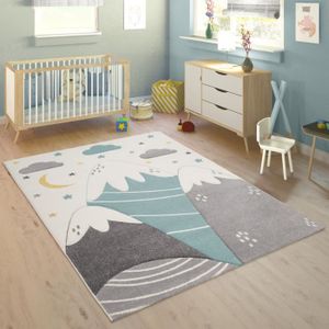 TAPIS Tapis Enfant Chambre Enfant Motif Montagne Lune Étoiles En Pastel Bleu Gris [140x200 cm]