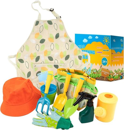 BotaniNest Outils de Jardinage pour Enfants en Métal avec Manche en Bois Robuste Jouet pour Bac à Sable de Plage Équipement de Jardinage Cuillère Fourchette Râteau et Pelle pour Enfants