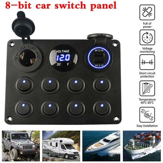 Panneau Interrupteur 8 Gang Étanche 12V/24V LED Bleue – Pour Bateau, Camping-Car, Voiture, Camion