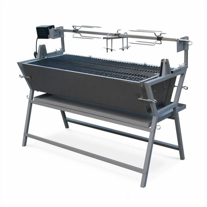 Rôtissoire électrique inclinable Mathurin inox, tournebroche, barbecue au charbon de bois à moteur pour grillades réceptions