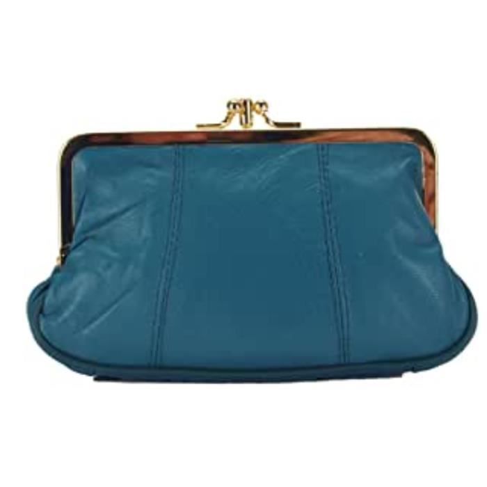 Porte-Monnaie Clic-Clac Rétro - Cuir d'agneau - Fermoir doré - 2 Compartiment - Zip Dessous - Bleu Marine …