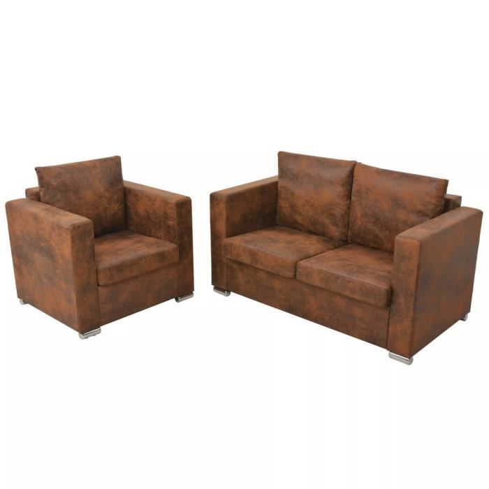 Elégant Ensemble Canapés droits fixe Haut de gamme - Canapé de relaxation Sofa Divan 2 places + 1 Fauteuil - Cuir daim synthétique @