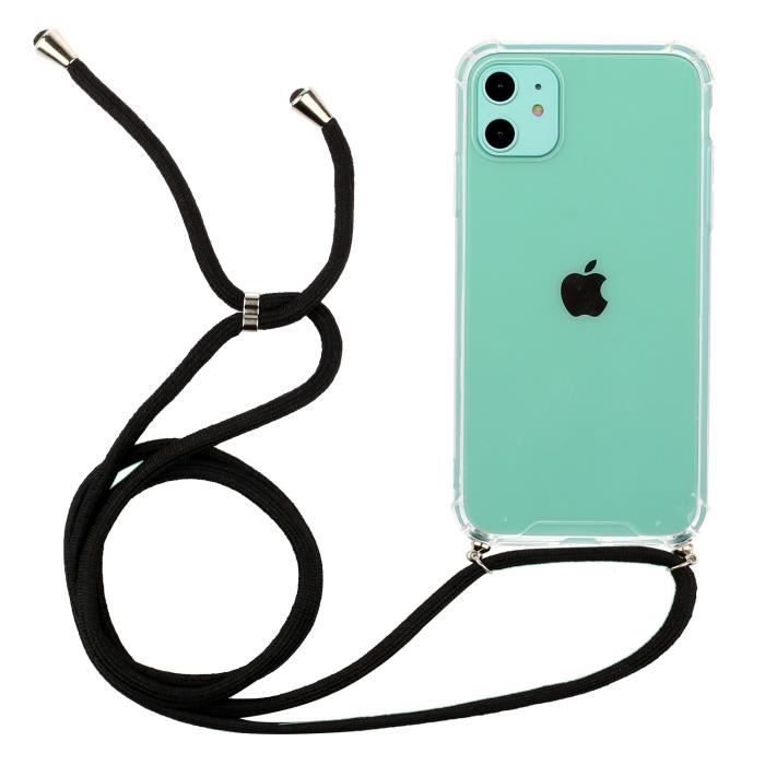 Coque iPhone 11 (6.1) Transparente + cordon Protection Acrylique étui Cordon de mode Protecteur Bumper Housse Clair-Noir