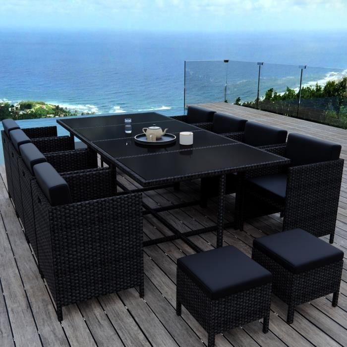 MUNGA Ensemble de jardin encastrable 12 places avec table de jardin résine tressée - Noir