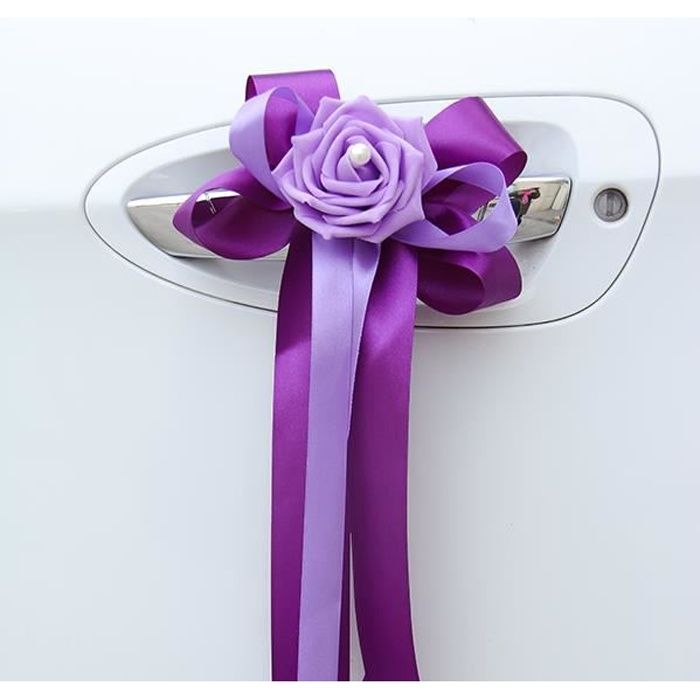 Lot de 6 nœuds ruban satin à double couleur avec fleur décorée d'une perle nacrée - décoration tulle voiture de mariés mariage Parme