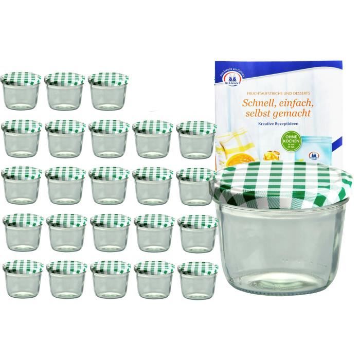 Lot de 24 gobelets 230 ml Jusqu'à 82 couvercle vert vérifié avec livret de recette de gelée au diamant Pot de confiture Pot de