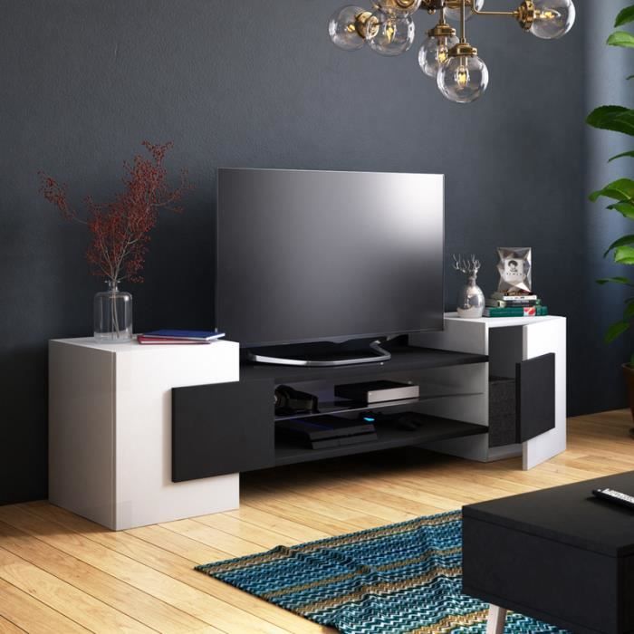 Meuble TV / Meuble de salon - GAELIN - 160 cm - blanc mat / noir mat - sans LED - style contemporain - design moderne