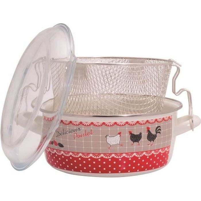 BAUMALU Friteuse émail + couvercle - 26 cm - Motif Poule