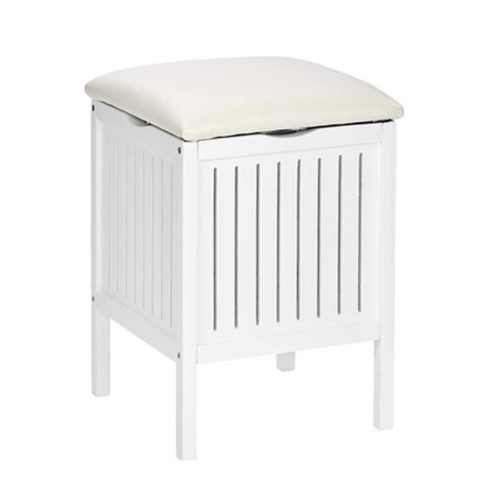 Tabouret de salle de bain en bois massif blanc - Dim : L 39 x H 55 x P 39 cm