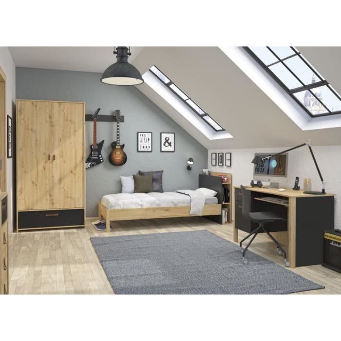 Chambre Enfant Complète (90*200) Chêne/Noir - ESTHER n°1 - L 96 x l 225 x H 86