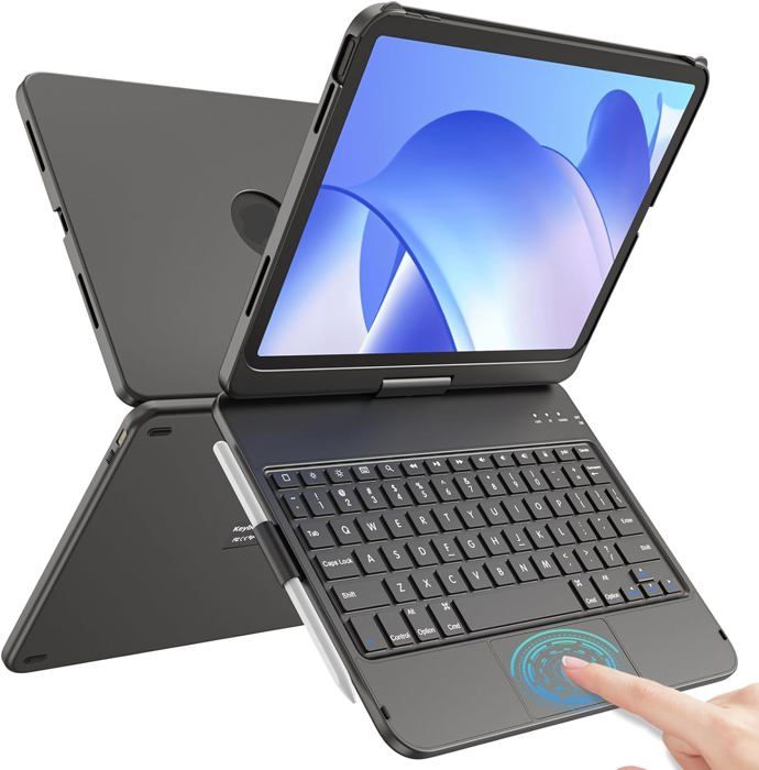 Étui avec Clavier avec Touchpad pour iPad 9ème/8ème/7ème Génération, Rotatif à 360° Coque pour iPad avec Mise en Veille/Réveil Automatique, 7 Rétroéclairages AZERTY Français Bluetooth Clavier(Noir