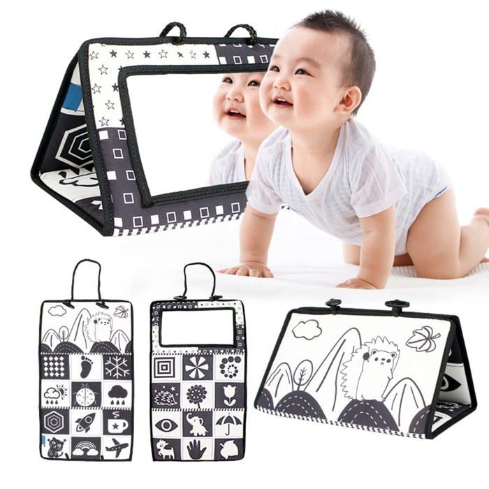 Miroir Éveil Bébé Montessori – Plieur 45x26 Cm, Noir/Blanc, Livre Pétrissant – 0-3 Ans