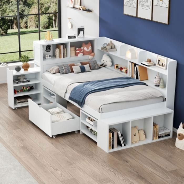 Lit enfant 90 x 200 cm lit simple avec tiroirs bibliothèque et rangement design multifonctionnel sommier à lattes blanc