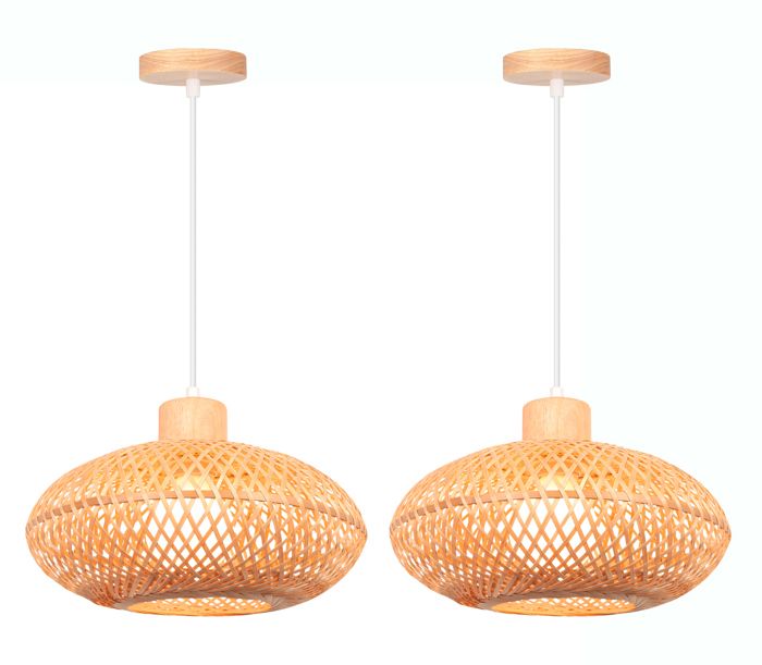 iDEGU 2x Lustre Suspension Vintage Lampe de Plafond Industriel Abat-jour en Bambou Design Cage Ovale E27 Luminaire Style